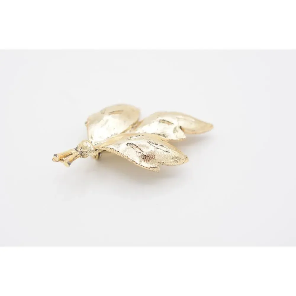 Vintage Wet Textured Leaf Pin Brooch Gold Tone Fall Autumn Chunky 1990s BinAT